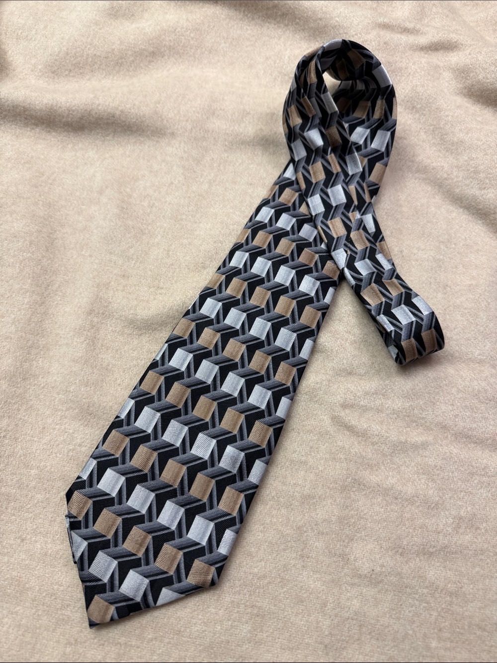 Pierre Cardin Geometric Cube Silk Tie in Black, Gray, and Brown